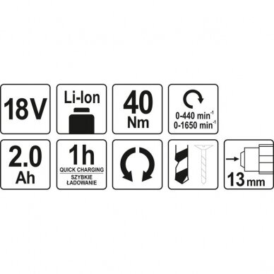 Gręžtuvas akumuliatorinis 18V Li-ion Yato 2