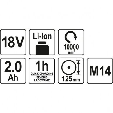 Kampinis šlifuoklis akumuliatorinis, 18V 2Ah Li-ion, d-125mm Yato 2