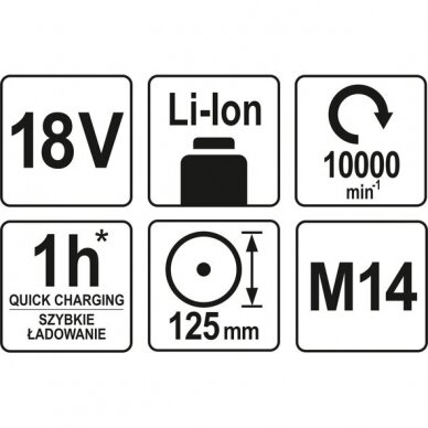 Kampinis šlifuoklis akumuliatorinis 18V Li-ion, d-125mm (be akumuliatoriaus) Yato 3