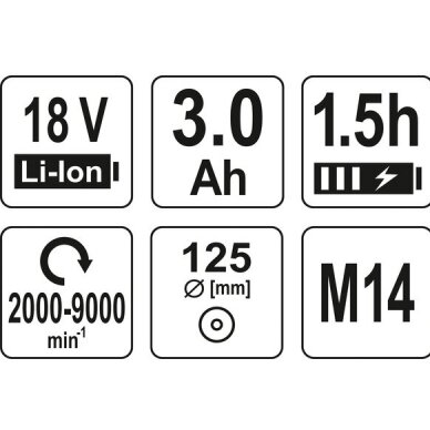 Kampinis šlifuoklis akumuliatorinis (bešepetėlinis) 18V 3 Ah Li-Ion, d-125mm Yato 5