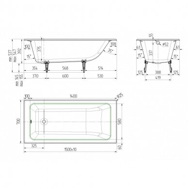 Ketinė vonia su kojom Optima 150cm 3