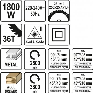 Metalo ir medžio pjovimo staklės 1800W 255mm, 2 bėgiai, padavimo funkcija Yato 7