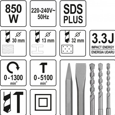 Perforatorius 850W SDS PLUS su keičiama galvute13mm Yato 2