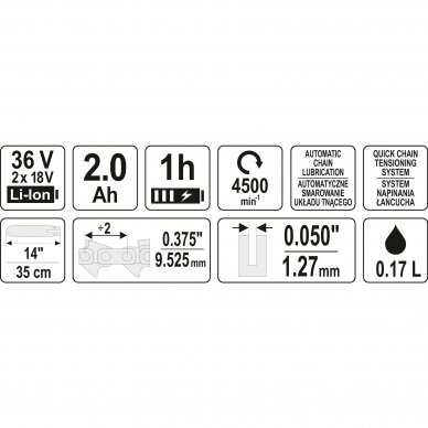 Pjūklas grandininis akumuliatorinis 14" 36V=2X18V (2X2,0Ah) Yato 5