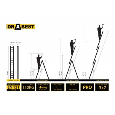 Trijų dalių daugiafunkcinės kopėčios DRABEST „PRO“ 3x7 1